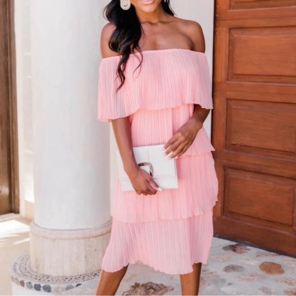 Pink Lily Pink Pleat and Thank You Pleated Tiered Midi Dress